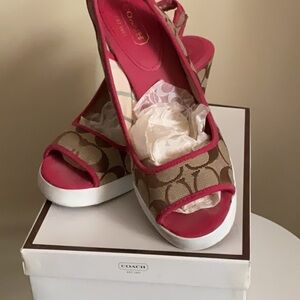 Coach Pink and Cream Wedge Shoes with Signature Pattern